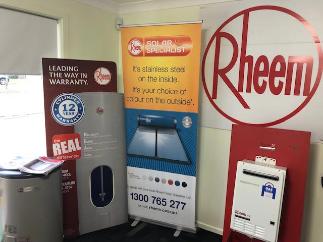 Rheem hot water products & signs