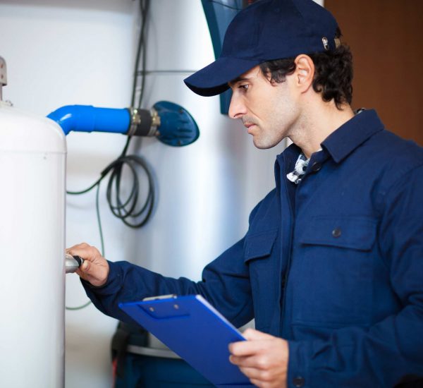 technician checking hot water cylinder
